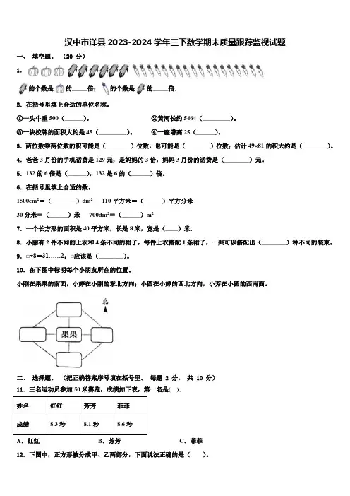 汉中市洋县2023-2024学年三下数学期末质量跟踪监视试题含解析