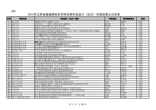2013年江苏省普通高校本专科优秀毕业设计(论文)评选结果公示名单