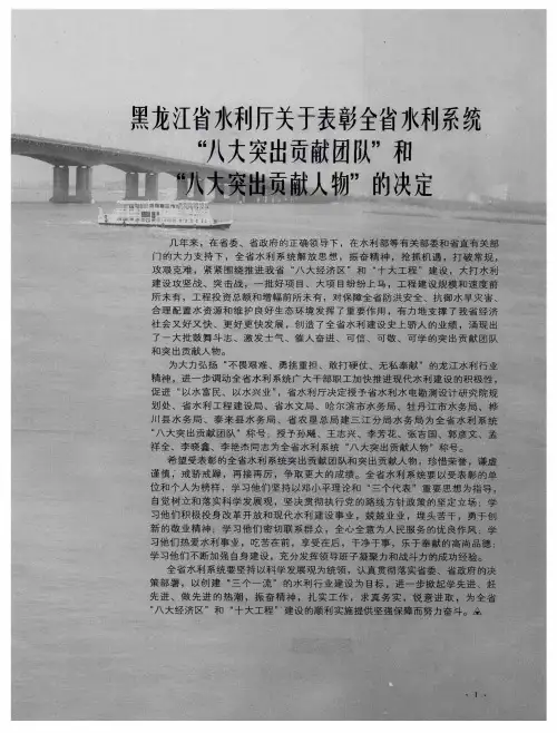 黑龙江省水利厅关于表彰全省水利系统“八大突出贡献团队”和“八大突出贡献人物”的决定