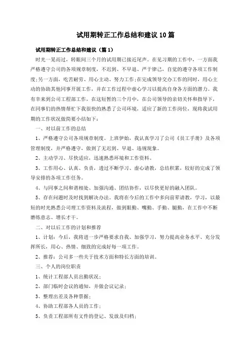 试用期转正工作总结和建议10篇