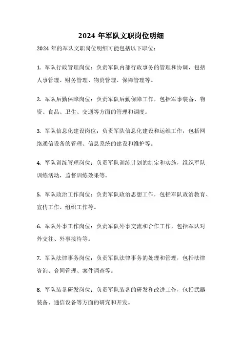 2024年军队文职岗位明细