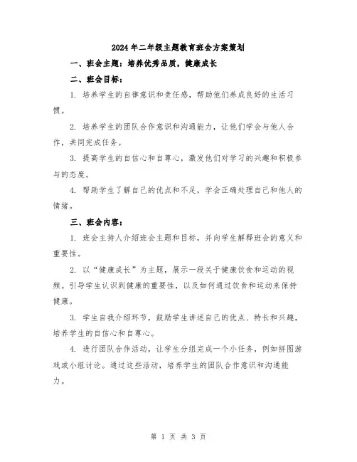 2024年二年级主题教育班会方案策划