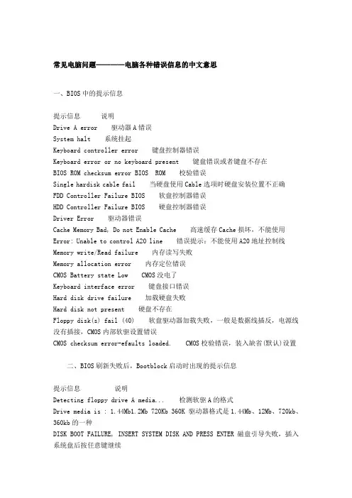 常见电脑问题————电脑各种错误信息的中文意思