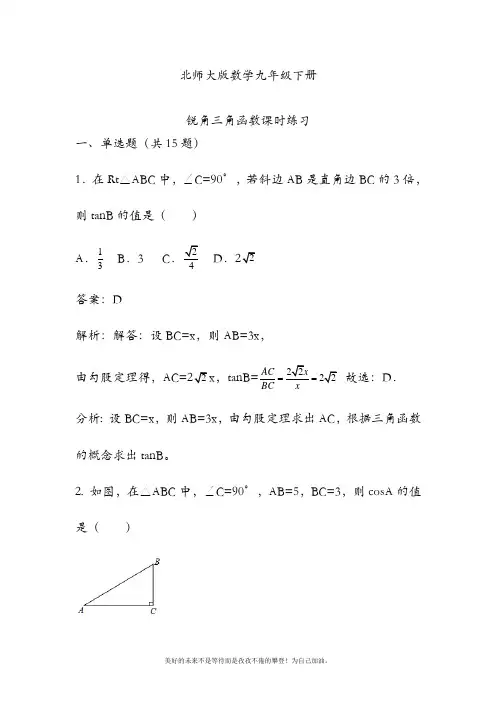 【经典原创】学年北师大版初中数学九年级下册锐角三角函数专题练习及答案解析