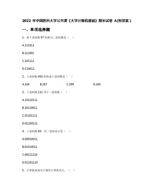 2022年中国医科大学公共课《大学计算机基础》期末试卷A(有答案)