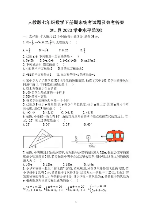 人教版七年级数学下册期末统考试题及参考答案(WL县2023)