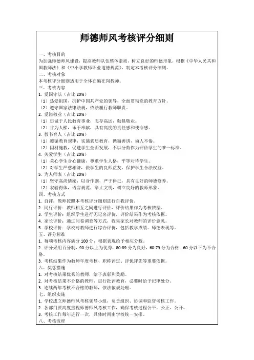 师德师风考核评分细则