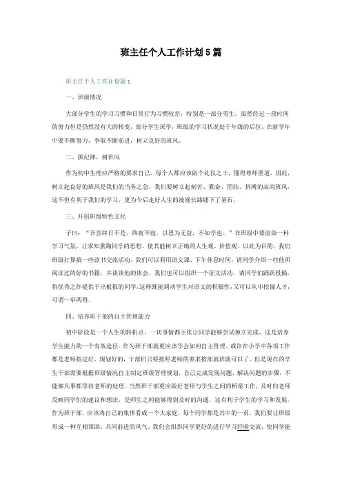 班主任个人工作计划5篇
