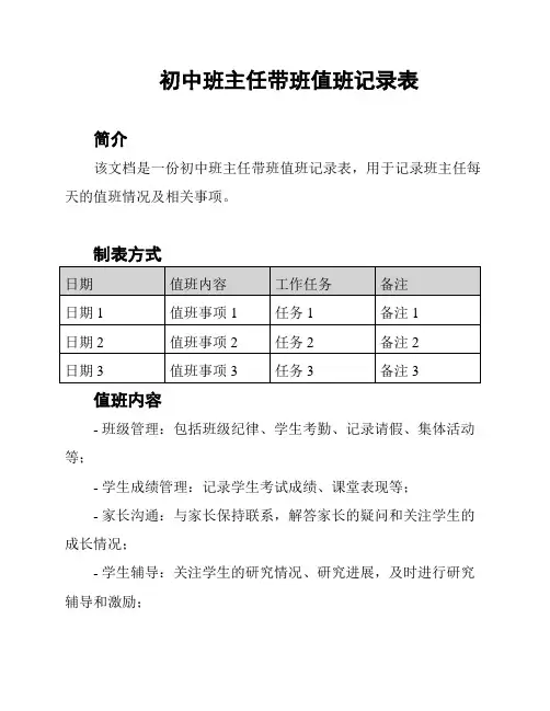 初中班主任带班值班记录表