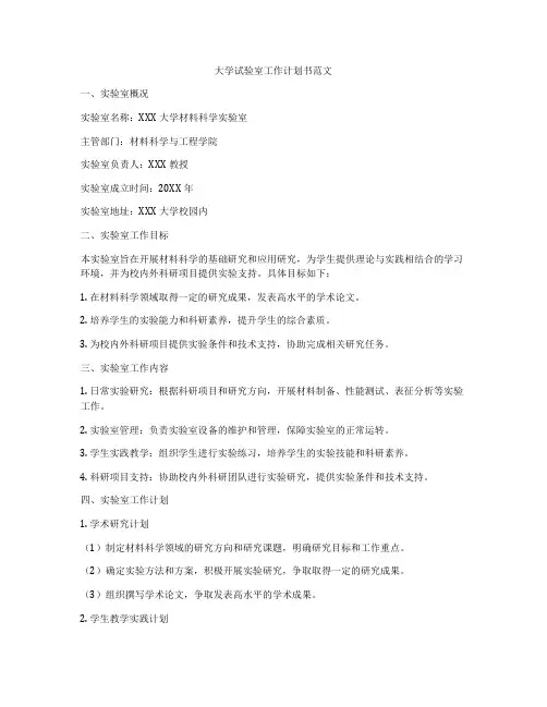 大学试验室工作计划书范文