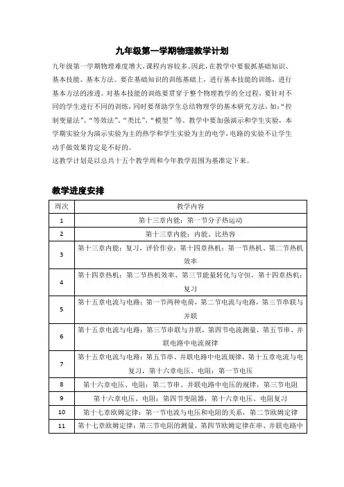 2020年九年级第一学期物理教学计划