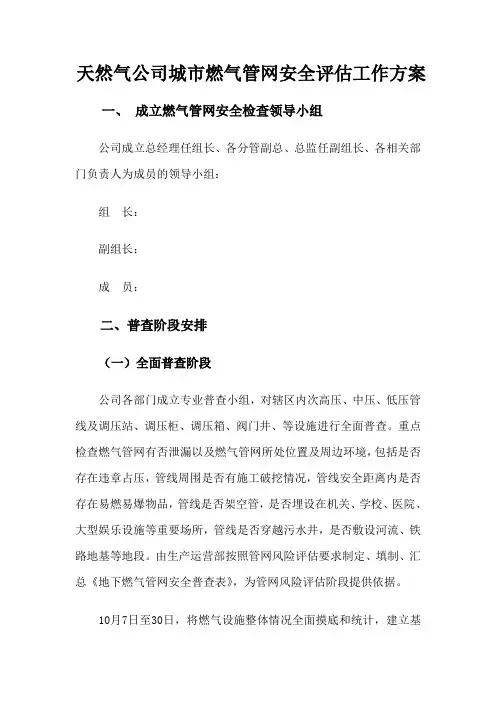 天然气公司城市燃气管网安全评估工作方案