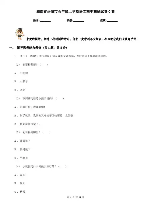 湖南省岳阳市五年级上学期语文期中测试试卷C卷