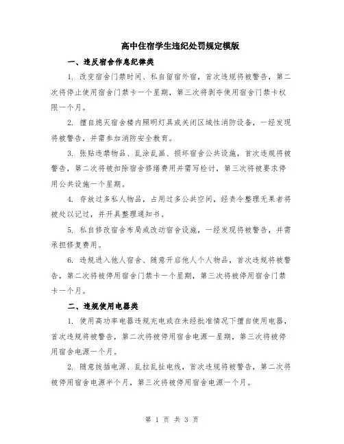 高中住宿学生违纪处罚规定模版