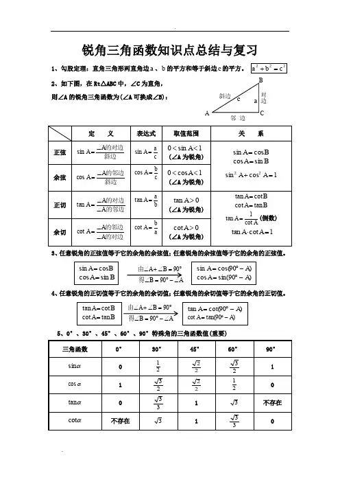 锐角三角函数知识点总结