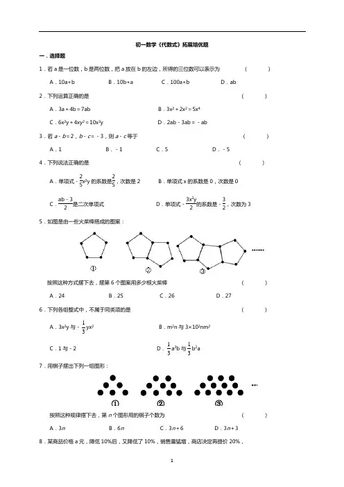 苏教版初一数学《代数式》拓展培优题 (含答案)
