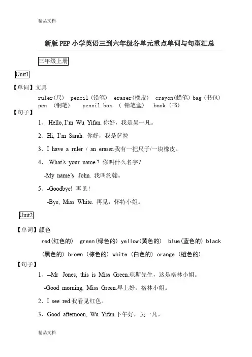 最新新版PEP小学英语三到六年级各单元重点单词与句型汇总