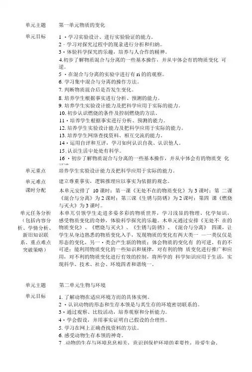 粤教版六年级科学上册科学单元分析.doc