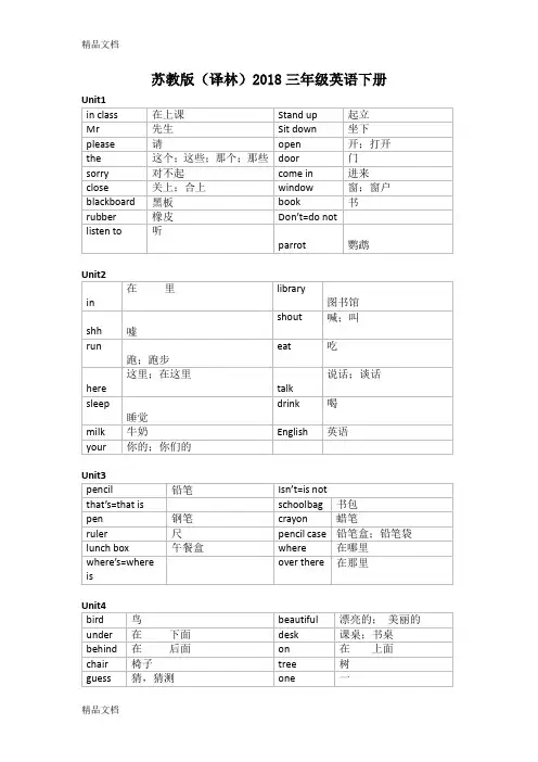 最新苏教版(译林)三年级下英语单词默写打印版