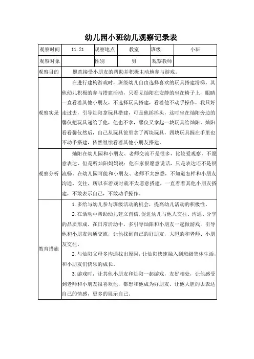 幼儿园小班幼儿观察记录表 