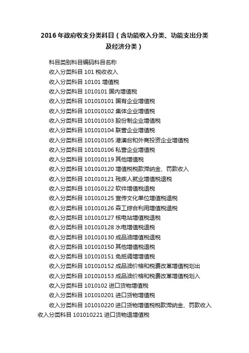 2016年政府收支分类科目（含功能收入分类、功能支出分类及经济分类）