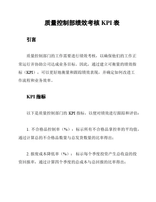 质量控制部绩效考核KPI表