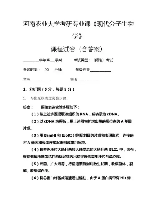 河南农业大学考研专业课《现代分子生物学》考试试卷(2423)