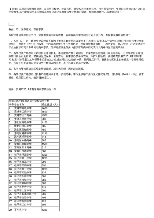 2019年广西省贵港市普通高中招生计划的通知