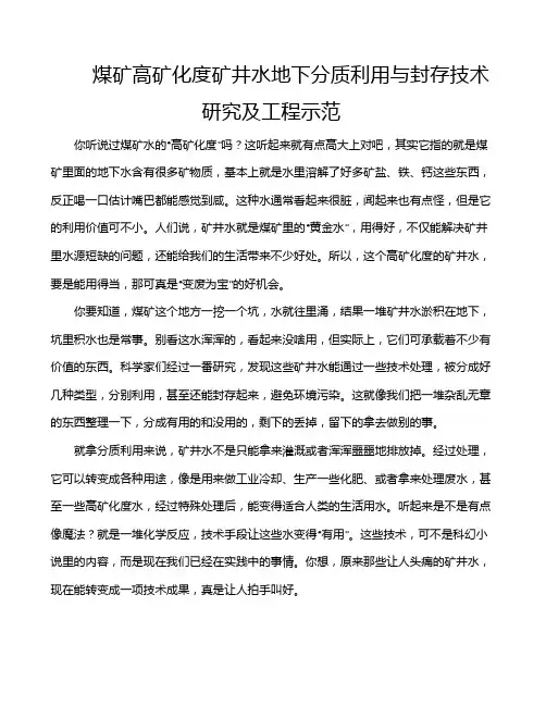 煤矿高矿化度矿井水地下分质利用与封存技术研究及工程示范