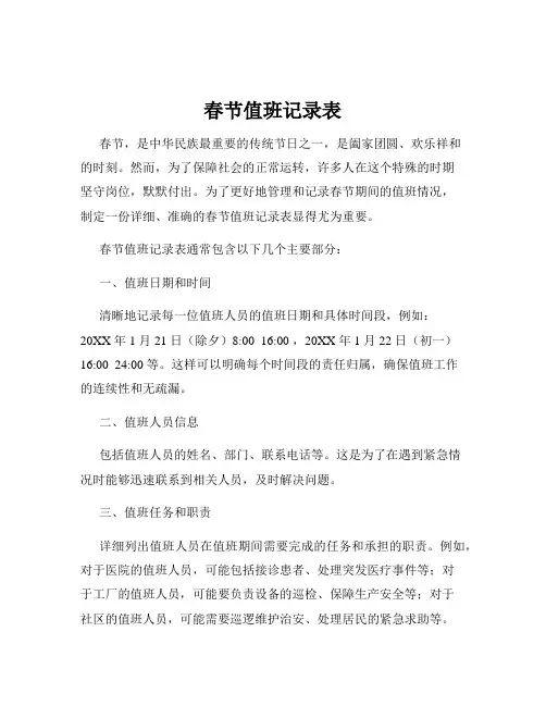 春节值班记录表