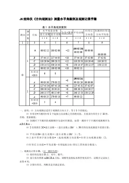 J6经纬仪《方向观测法》案例及观测记录手簿[整理版]