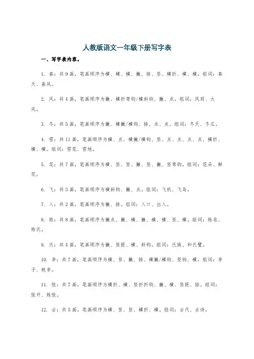 人教版语文一年级下册写字表