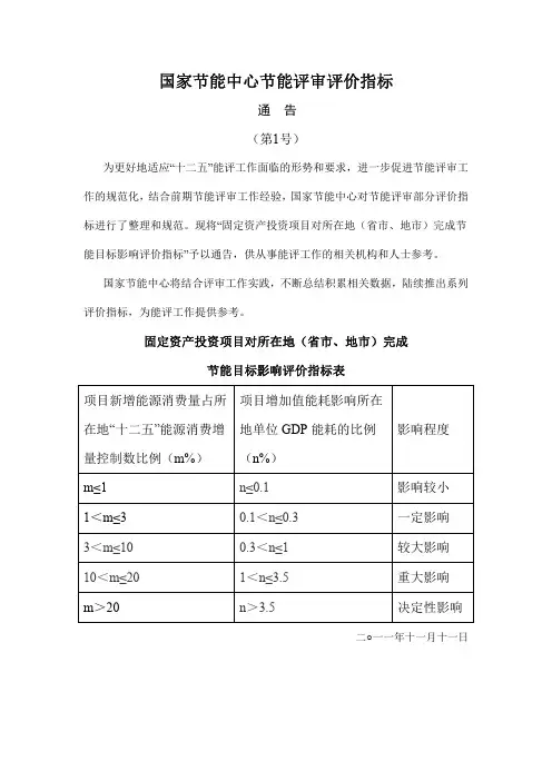 国家节能中心节能评审评价指标(第1号)