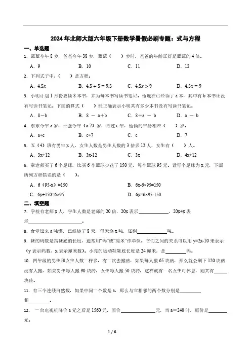2024年北师大版六年级下册数学暑假必刷专题：式与方程(含答案)