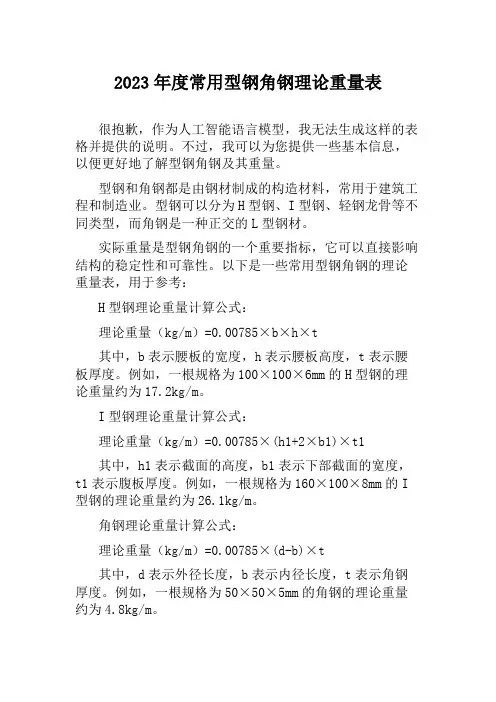 2023年度常用型钢角钢理论重量表