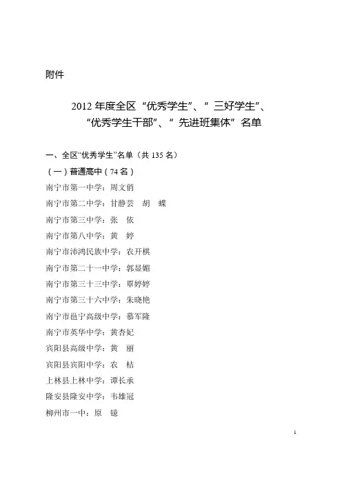 2012年广西区“优秀学生”“三好学生”“优秀学生干部”“先进班集体”名单