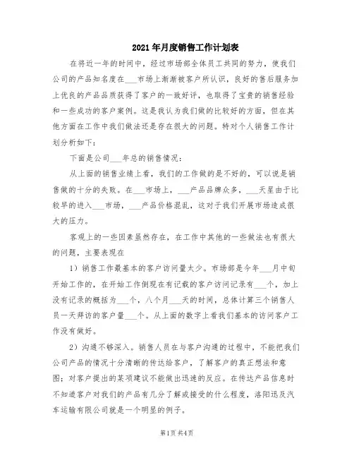 2021年月度销售工作计划表