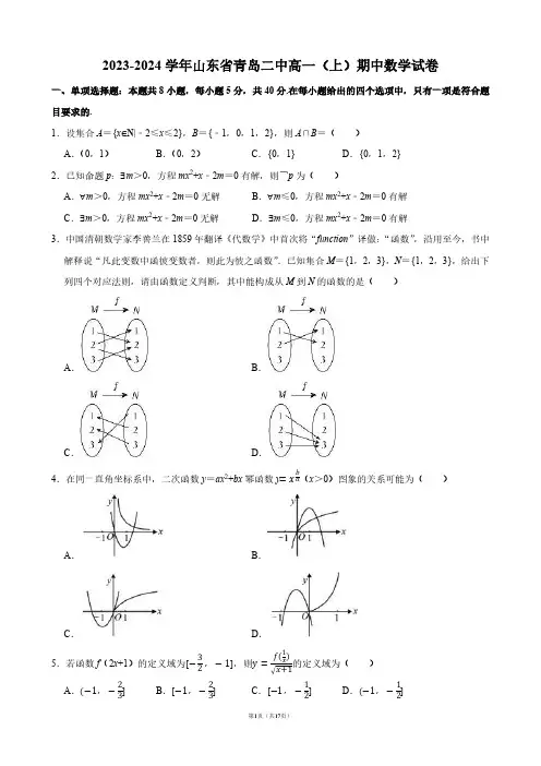 2023-2024学年山东省青岛二中高一(上)期中数学试卷【答案版】