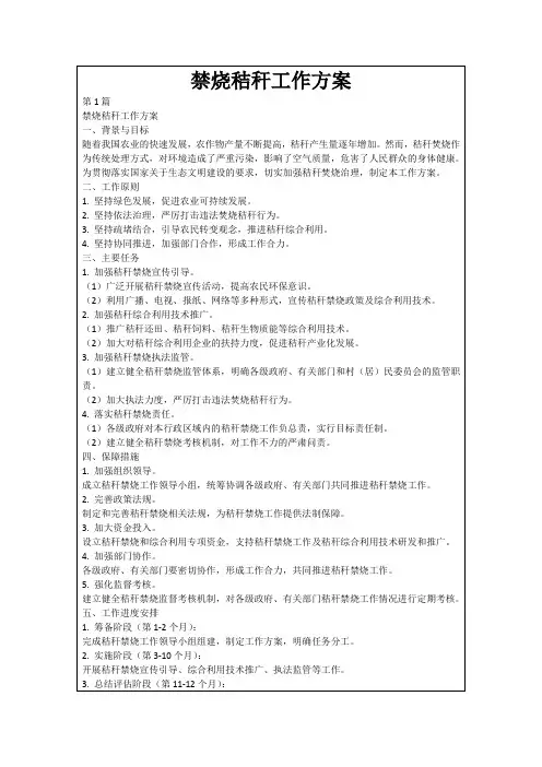 禁烧秸秆工作方案