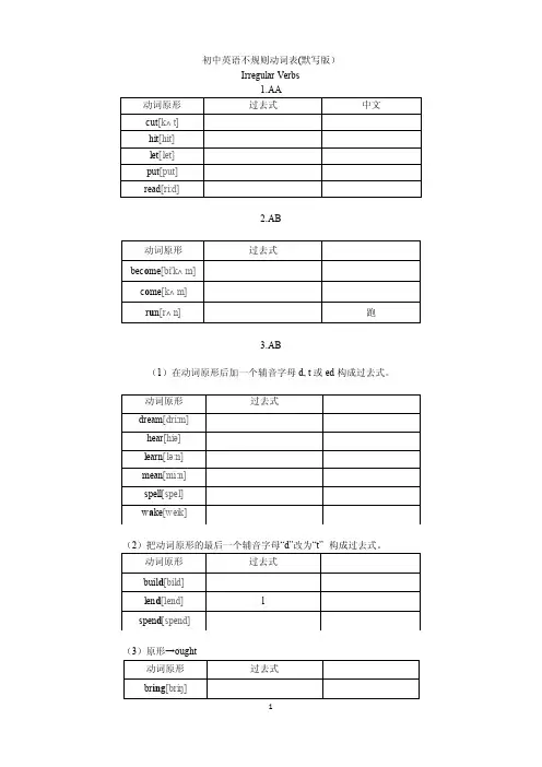 初中英语不规则动词表默写版-（精简版-适合初一年级）