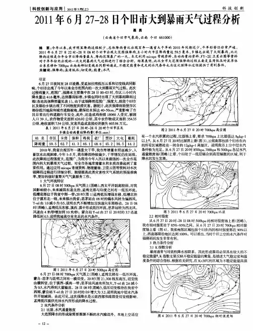 2011年6月27-28日个旧市大到暴雨天气过程分析