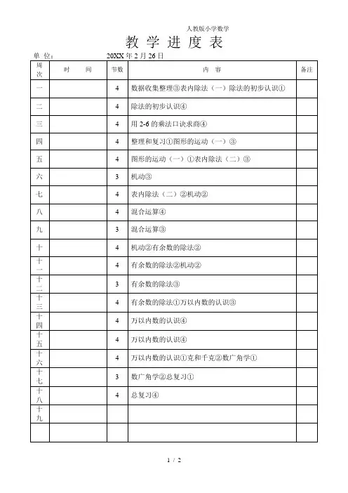 2024(新插图)人教版二年级数学下册人教版小学二年级下数学进度表