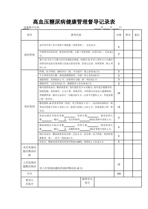 高血压糖尿病健康管理督导记录表
