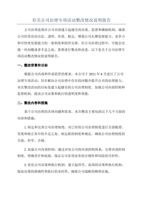 有关公司治理专项活动整改情况说明报告