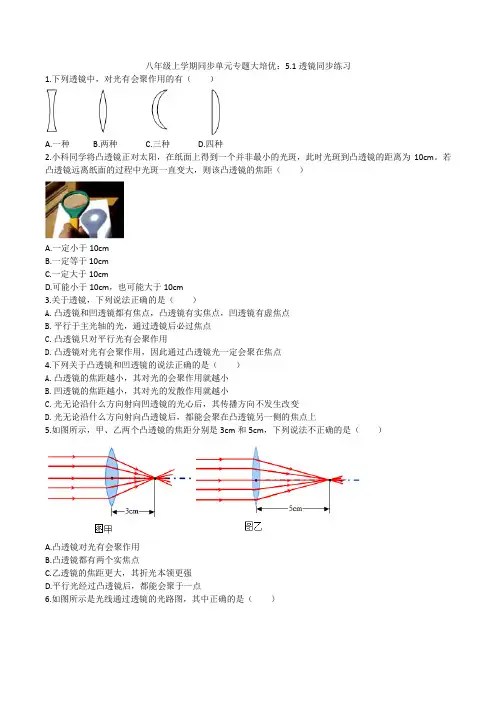 2020人教版八年级上学期同步单元专题大培优：5.1透镜同步练习