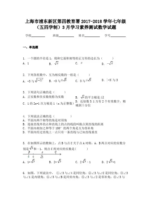 上海市浦东新区第四教育署2017-2018学年七年级(五四学制)3月学习素养测试数学试题