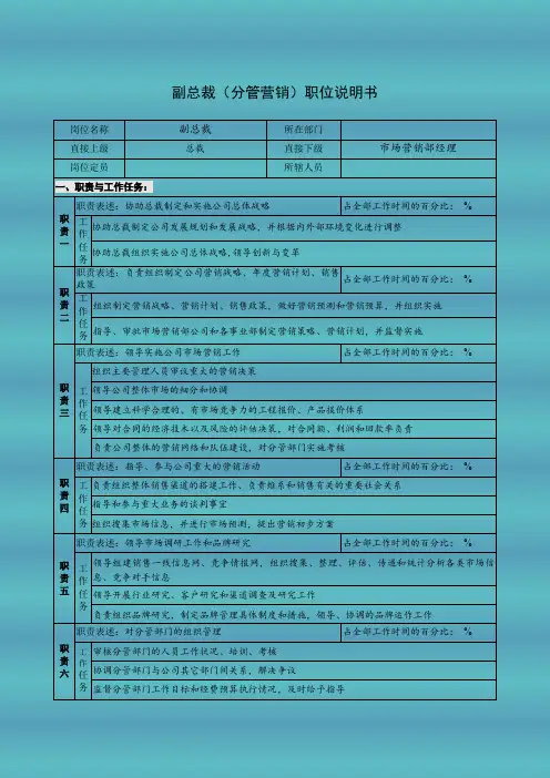 副总裁(分管营销)职位说明书