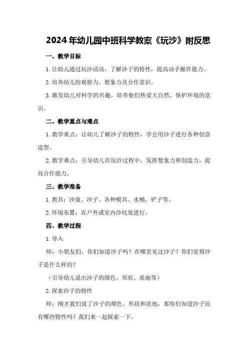 2024年幼儿园中班科学教案《玩沙》附反思