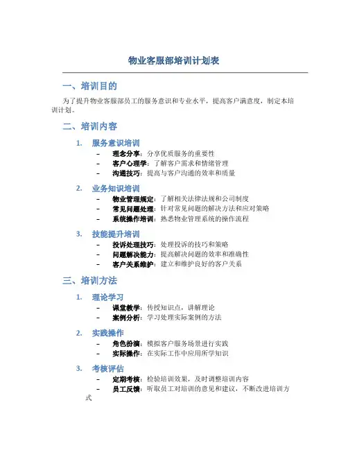 物业客服部培训计划表