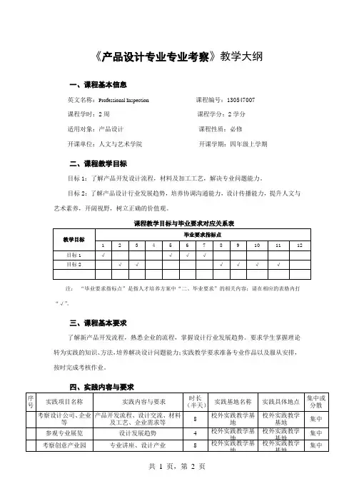 《产品设计专业专业考察》教学大纲